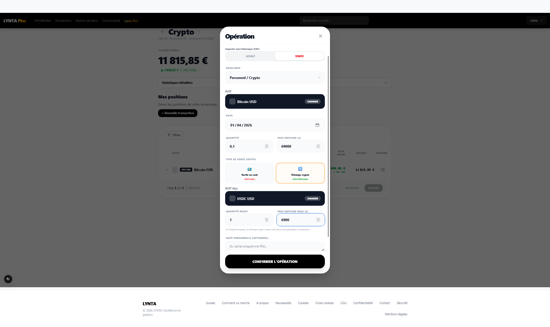 Modal echange crypto dans Lynta avec choix imposable / non imposable
