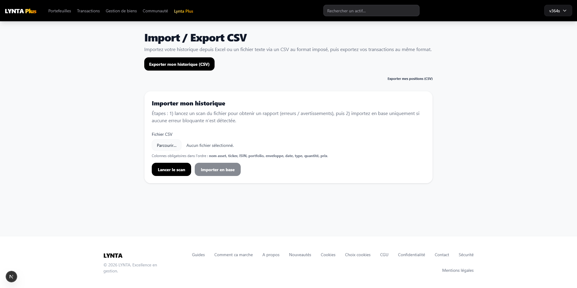 Import et export CSV de transactions dans Lynta